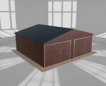 Plechová garáž 6,5x6 m, pre dve autá, sedlová strecha, drevodekor – Model 2