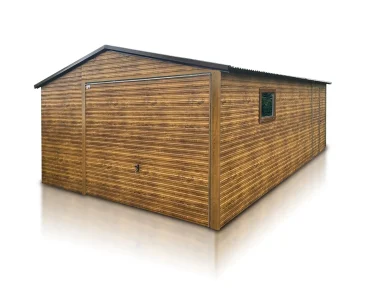 Plechová garáž 4,5x6 m, sedlová strecha, výklopná brána, drevodekor