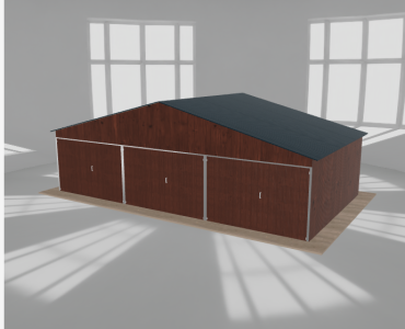 Plechová garáž 9x5 m, pre tri autá, sedlová strecha, drevodekor – Model 2