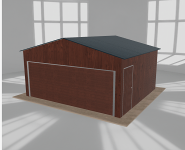 Plechová garáž 5,5x5 m, pre jedno auto, sedlová strecha, drevodekor – Model 2