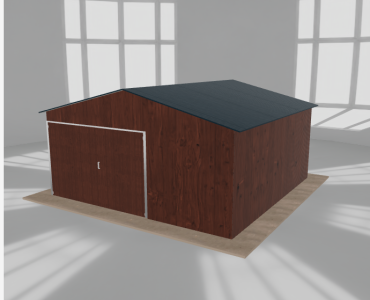 Plechová garáž 5x5 m, pre jedno auto, sedlová strecha, drevodekor – Model 2