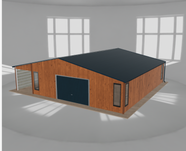 Plechová garáž 8x9,5 m, so skladom a prístreškom, drevodekor