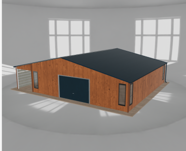 Plechová garáž 9x9,5 m, so skladom a prístreškom, drevodekor
