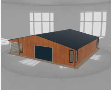 Plechová garáž 9x10 m, so skladom a prístreškom, drevodekor