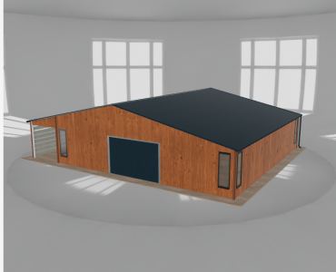 Plechová garáž 10x10 m, so skladom a prístreškom, drevodekor