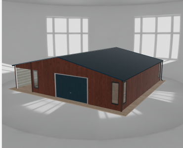 Plechová garáž 8x9,5 m, so skladom a prístreškom, drevodekor