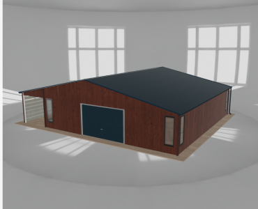 Plechová garáž 9x9,5 m, so skladom a prístreškom, drevodekor