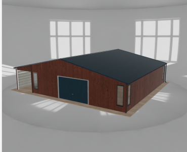 Plechová garáž 9x10 m, so skladom a prístreškom, drevodekor
