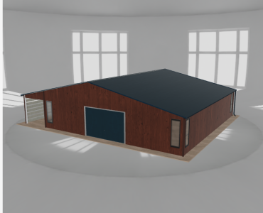 Plechová garáž 10x10 m, so skladom a prístreškom, drevodekor