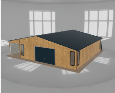Plechová garáž 8x9,5 m, so skladom a prístreškom, drevodekor