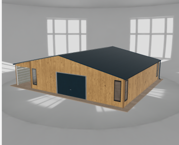 Plechová garáž 9x9,5 m, so skladom a prístreškom, drevodekor