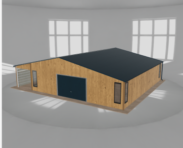 Plechová garáž 9x10 m, so skladom a prístreškom, drevodekor