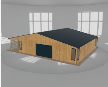 Plechová garáž 10x9,5 m, so skladom a prístreškom, drevodekor