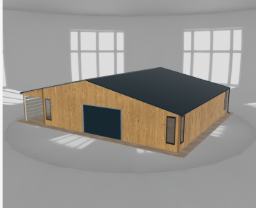 Plechová garáž 10x10 m, so skladom a prístreškom, drevodekor