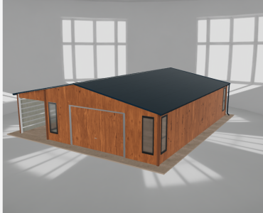 Plechová garáž 6x9,5 m, so skladom a prístreškom, drevodekor – Model 2