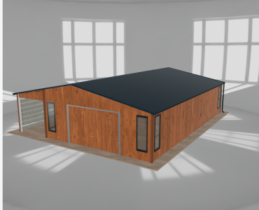 Plechová garáž 6x10 m, so skladom a prístreškom, drevodekor – Model 2