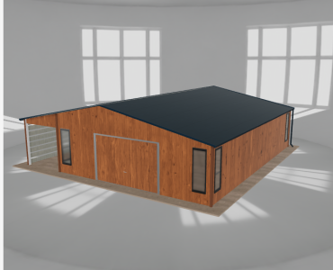 Plechová garáž 7x9,5 m, so skladom a prístreškom, drevodekor – Model 2