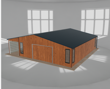 Plechová garáž 7,5x9,5 m, so skladom a prístreškom, drevodekor – Model 2