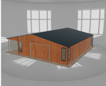 Plechová garáž 7,5x10 m, so skladom a prístreškom, drevodekor – Model 2