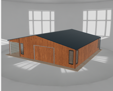 Plechová garáž 8x9,5 m, so skladom a prístreškom, drevodekor – Model 2