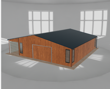 Plechová garáž 8x10 m, so skladom a prístreškom, drevodekor – Model 2