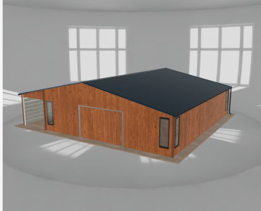 Plechová garáž 8,5x10 m, so skladom a prístreškom, drevodekor – Model 2
