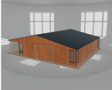 Plechová garáž 9x10 m, so skladom a prístreškom, drevodekor – Model 2
