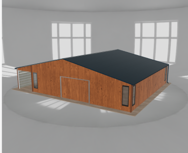 Plechová garáž 10x10 m, so skladom a prístreškom, drevodekor – Model 2