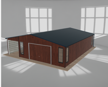 Plechová garáž 6x9,5 m, so skladom a prístreškom, drevodekor – Model 2