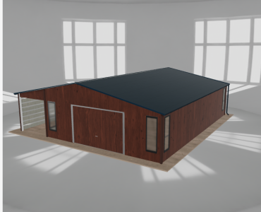 Plechová garáž 6,5x9,5 m, so skladom a prístreškom, drevodekor – Model 2