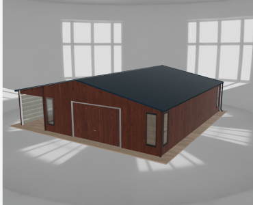 Plechová garáž 7x9,5 m, so skladom a prístreškom, drevodekor – Model 2