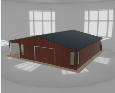 Plechová garáž 8x9,5 m, so skladom a prístreškom, drevodekor – Model 2