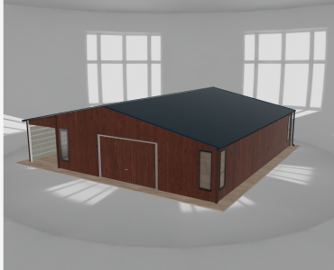 Plechová garáž 8x10 m, so skladom a prístreškom, drevodekor – Model 2