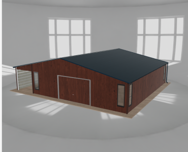 Plechová garáž 8,5x9,5 m, so skladom a prístreškom, drevodekor – Model 2