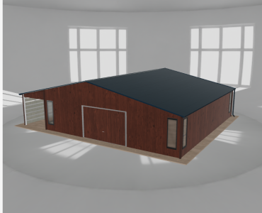 Plechová garáž 9x9,5 m, so skladom a prístreškom, drevodekor – Model 2