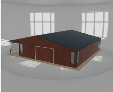 Plechová garáž 9x10 m, so skladom a prístreškom, drevodekor – Model 2