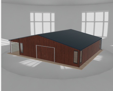 Plechová garáž 9,5x9,5 m, so skladom a prístreškom, drevodekor – Model 2