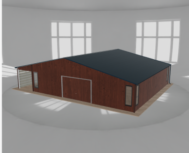 Plechová garáž 10x9,5 m, so skladom a prístreškom, drevodekor – Model 2