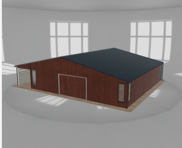 Plechová garáž 10x10 m, so skladom a prístreškom, drevodekor – Model 2