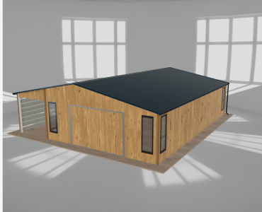 Plechová garáž 6x9,5 m, so skladom a prístreškom, drevodekor – Model 2