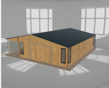 Plechová garáž 6,5x9,5 m, so skladom a prístreškom, drevodekor – Model 2