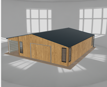Plechová garáž 7x9,5 m, so skladom a prístreškom, drevodekor – Model 2