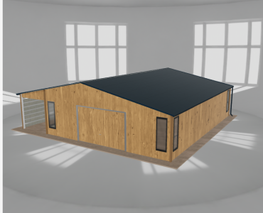 Plechová garáž 7,5x9,5 m, so skladom a prístreškom, drevodekor – Model 2