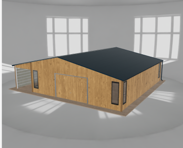 Plechová garáž 8x9,5 m, so skladom a prístreškom, drevodekor – Model 2