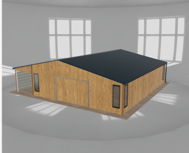 Plechová garáž 8x10 m, so skladom a prístreškom, drevodekor – Model 2