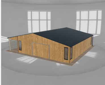 Plechová garáž 8,5x10 m, so skladom a prístreškom, drevodekor – Model 2