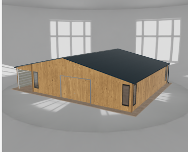 Plechová garáž 9,5x9,5 m, so skladom a prístreškom, drevodekor – Model 2