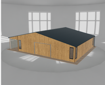 Plechová garáž 10x9,5 m, so skladom a prístreškom, drevodekor – Model 2