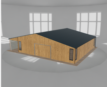 Plechová garáž 10x10 m, so skladom a prístreškom, drevodekor – Model 2