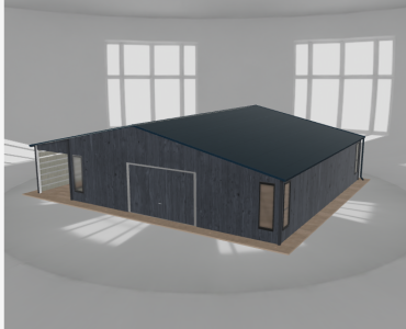 Plechová garáž 9x9,5 m, so skladom a prístreškom, grafit drevodekor – Model 2